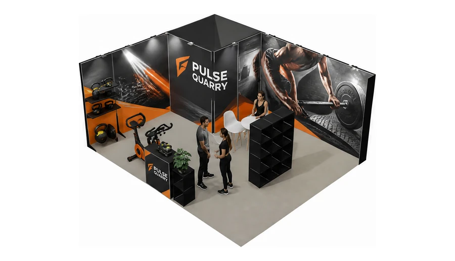 Stoisko 6 × 5 m narożne lewe dla branży fitness i siłownie, przykładowa marka Pulse Quarry