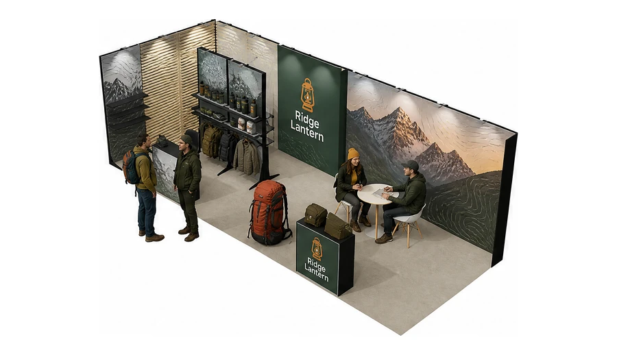 Stoisko 8 × 3 m narożne lewe dla branży odzież i sprzęt outdoorowy, przykładowa marka Ridge Lantern