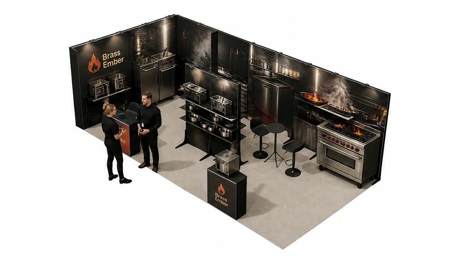 Stoisko 8 × 4 m narożne lewe dla branży wyposażenie gastronomii, przykładowa marka Brass Ember