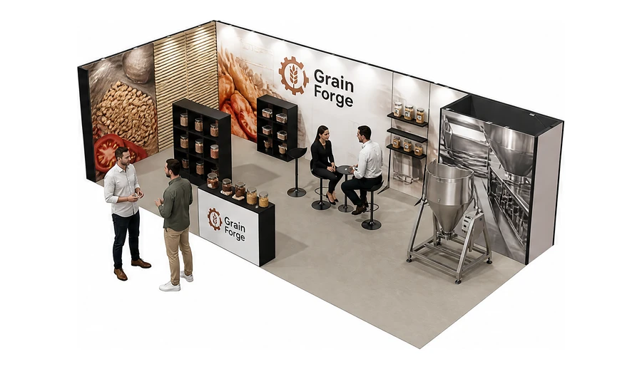 Stoisko 8 × 4 m narożne lewe dla branży technologie spożywcze, przykładowa marka Grain Forge