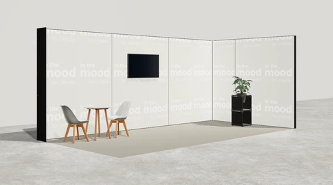 Wizualizacja: Stoisko narożne prawe 6×3 m, z mocowaniem TV