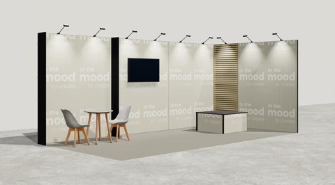 Wizualizacja: Stoisko narożne prawe 6×3 m, z mocowaniem TV
