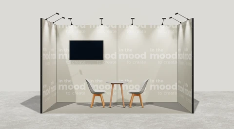 Wizualizacja: Stoisko szeregowe 4×2 m, z mocowaniem TV