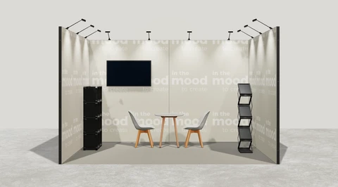 Wizualizacja: Stoisko szeregowe 4×3 m, z mocowaniem TV