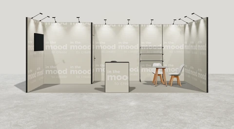 Wizualizacja: Stoisko szeregowe 6×3 m, z zapleczem, z regałami, z ladą, z mocowaniem TV
