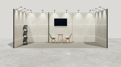 Wizualizacja: Stoisko szeregowe 6×3 m, z mocowaniem TV