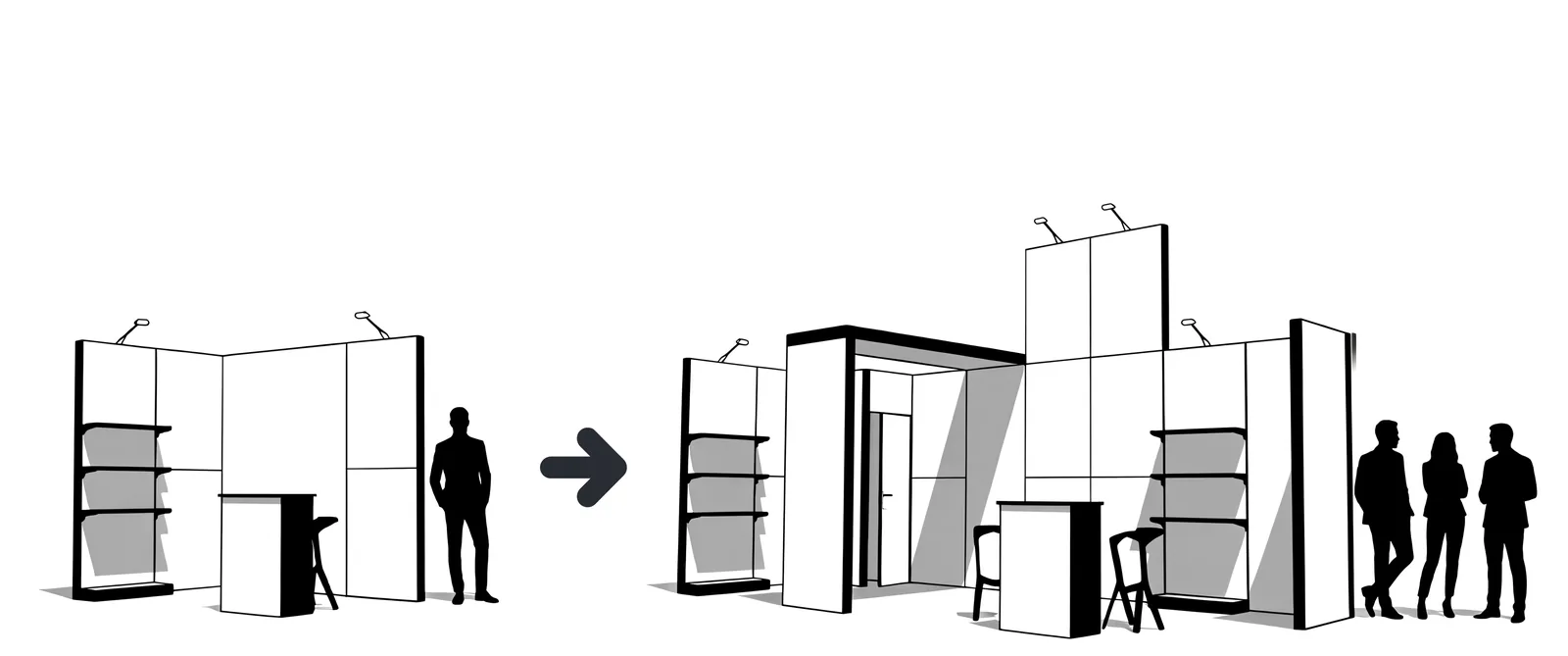 Stoisko 6 m² rozbudowane do 40 m² z tych samych modułów